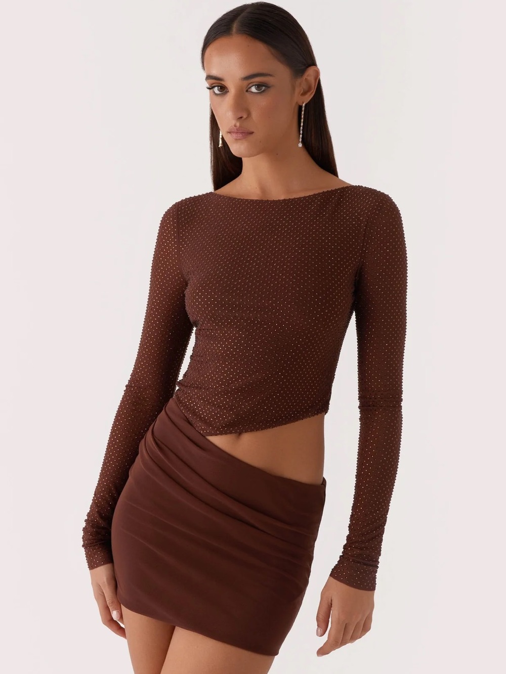 NWT Peppermayo Catch The Night Rhinestone Mini Dress Brown Long Sleeve 6 / S/M